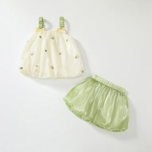 Summer Baby Kids Floral Pattern Vest and Green Shorts Clothing Set for