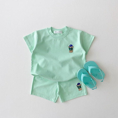 Summer Baby Kids Teddy Bear Pattern T-shirt and Shorts Clothing Set