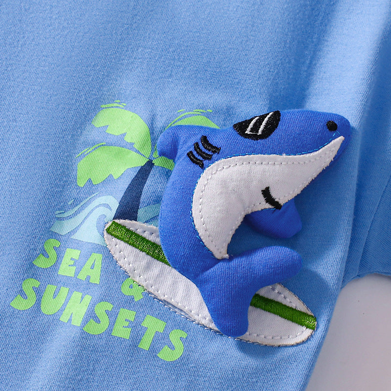 Summer Baby Kids Shark Cartoon Pattern T-shirt and Shorts Clothing Set