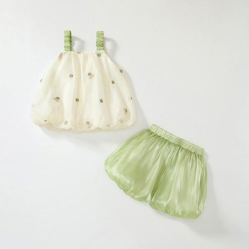 Summer Baby Kids Floral Pattern Vest and Green Shorts Clothing Set for