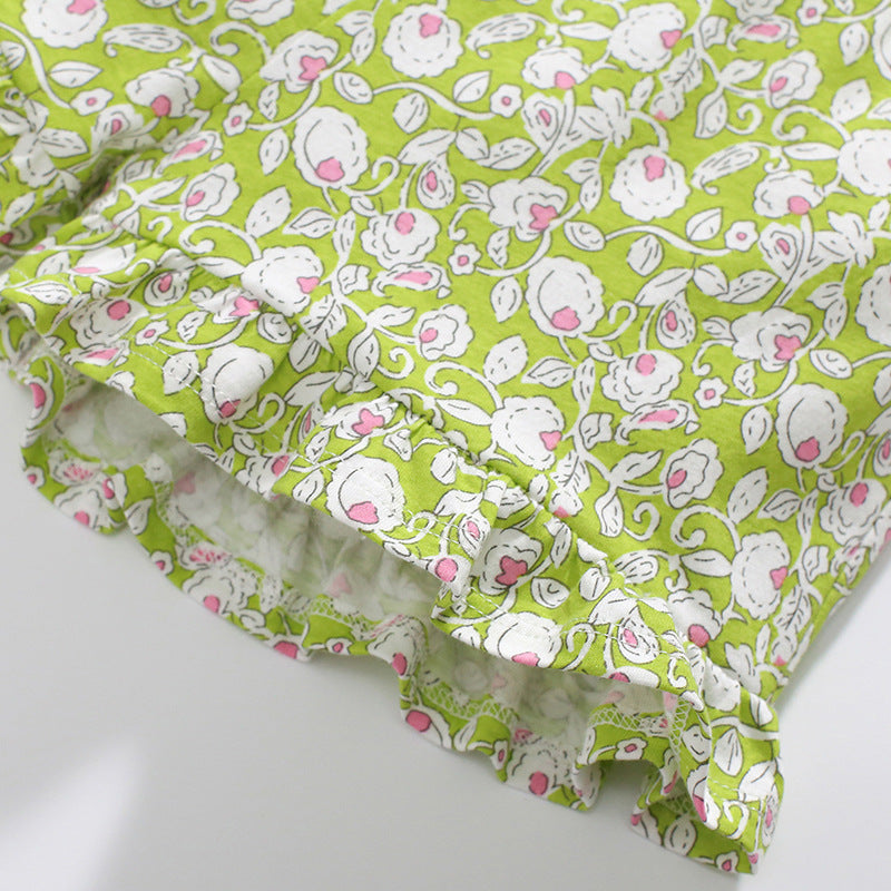 Summer Baby Kids Flower Pattern Vest and Green Shorts Clothing Set for