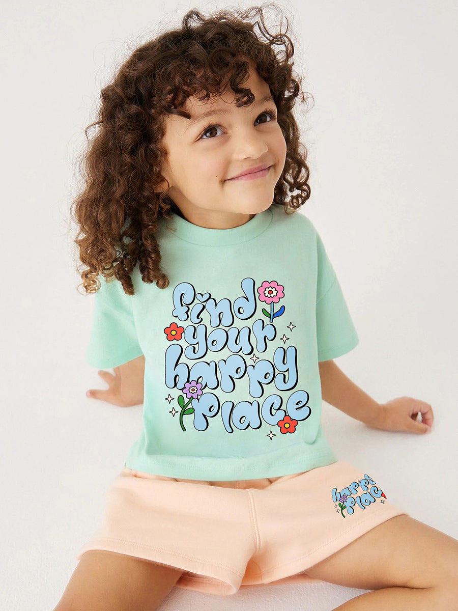 Baby And Kids Girls Floral Words Print Top And Shorts Casual Clothing