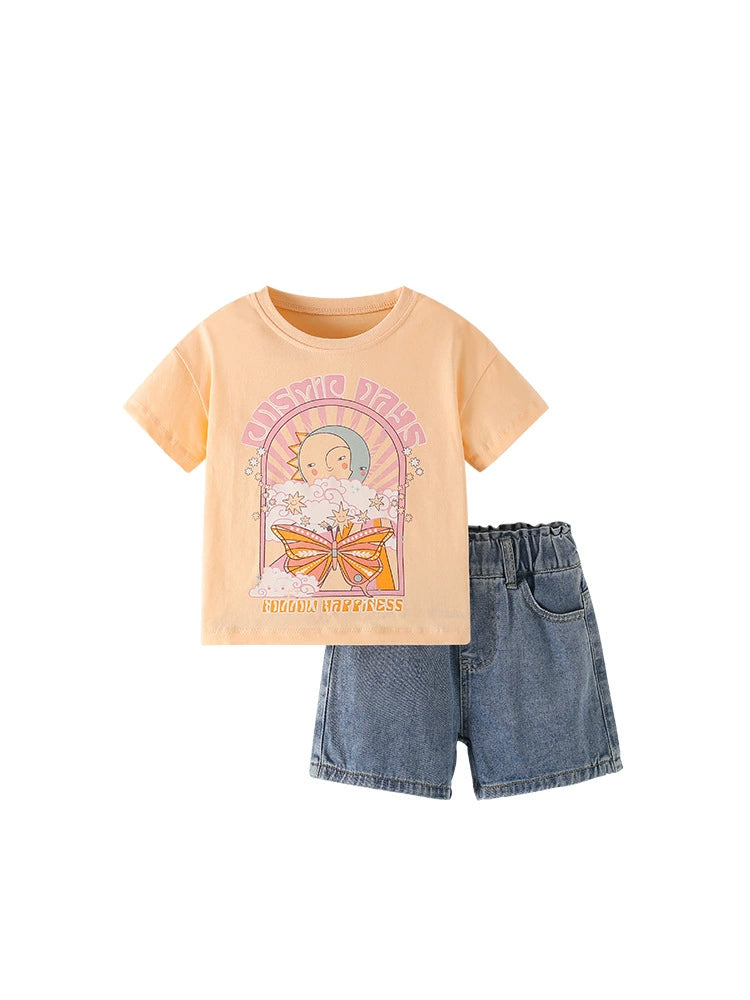 Summer Baby Kids Cartoon Pattern T-shirt and Denim Shorts Clothing Set