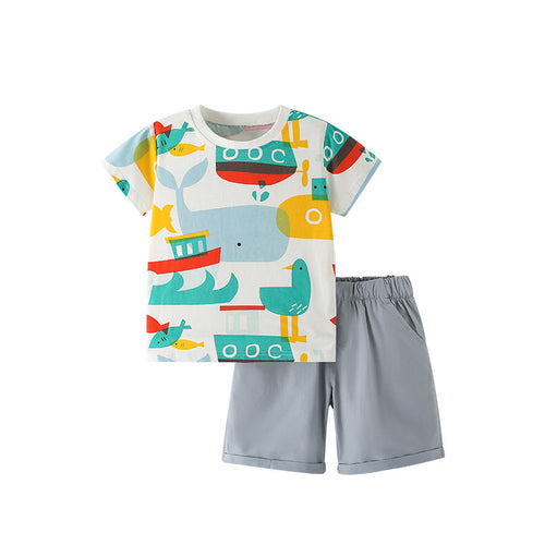 Summer Baby Kids Fish Cartoon Pattern T-shirt and Shorts Clothing Set