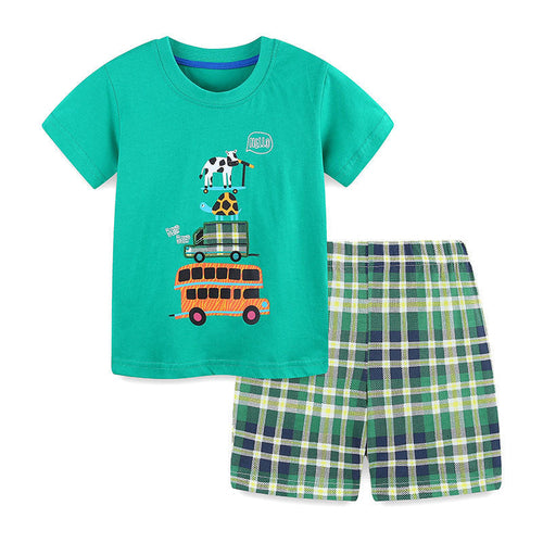 Summer Baby Kids Cartoon Pattern T-shirt and Plaid Shorts Clothing Set