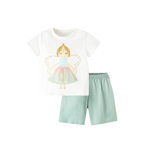 Summer Baby Kids Girls Angel Print T-Shirt And Shorts Clothing Set