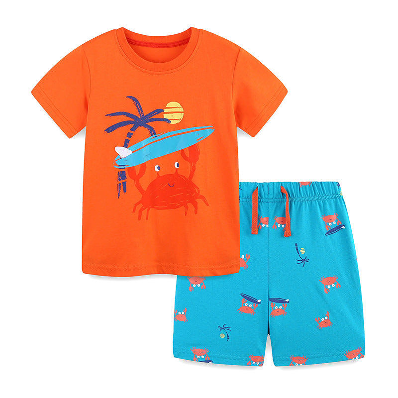 Summer Baby Kids Cartoon Crabs Pattern T-shirt and Shorts Clothing Set