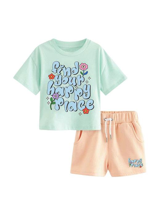 Baby And Kids Girls Floral Words Print Top And Shorts Casual Clothing