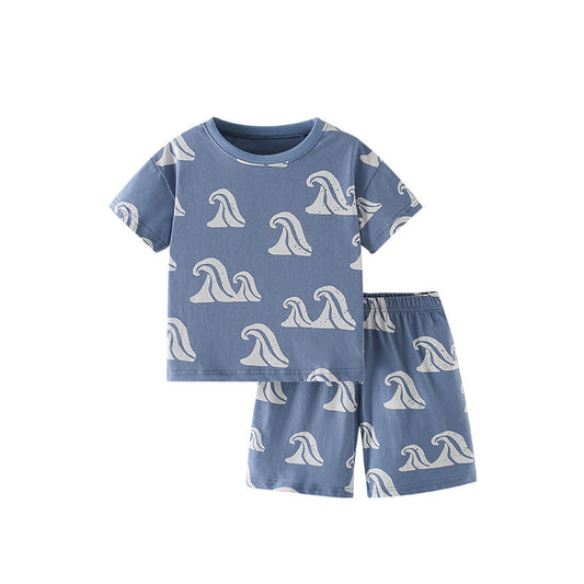 Summer Baby Kids Waves Pattern T-shirt and Shorts Clothing Set for