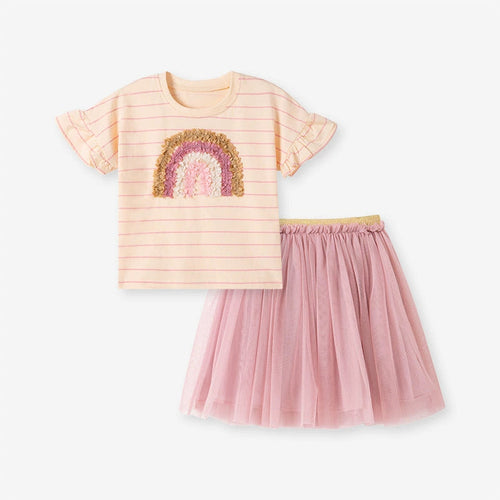 Summer Baby Kids Rainbow Pattern T-shirt and Tulle Skirt Clothing Set