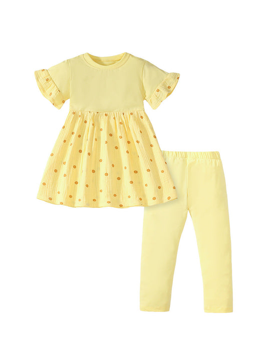 Summer Baby Kids Girls Polka Dots Yellow Dress And Pants Clothing Set