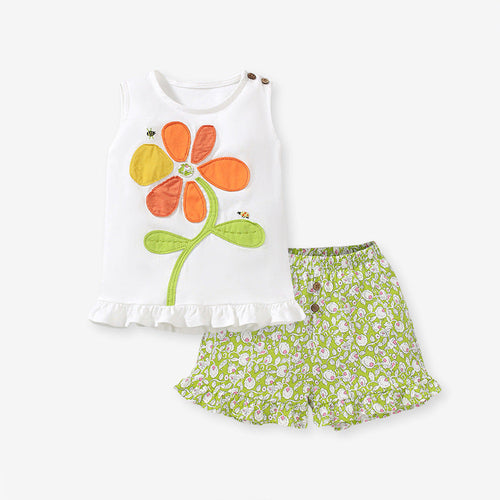 Summer Baby Kids Flower Pattern Vest and Green Shorts Clothing Set for