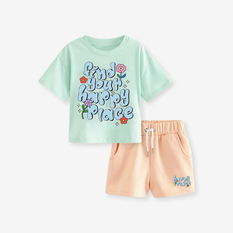 Baby And Kids Girls Floral Words Print Top And Shorts Casual Clothing