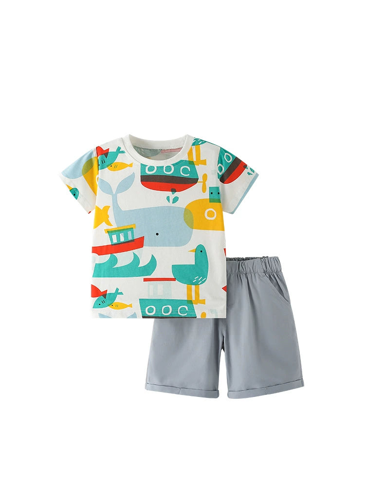 Summer Baby Kids Fish Cartoon Pattern T-shirt and Shorts Clothing Set