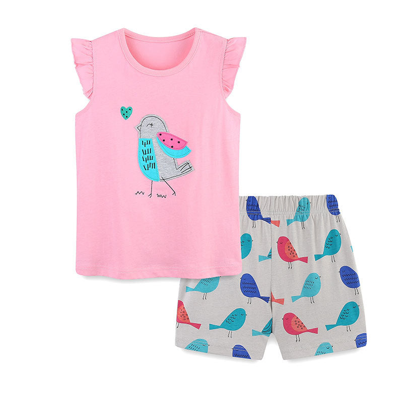 Summer Baby Kids Cute Birds Cartoon Pattern Vest and Shorts Clothing