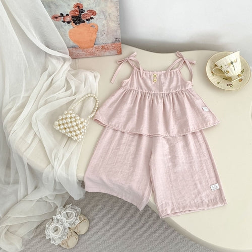 Summer Baby Kids Solid Color Sleeveless Top Vest with Pants Clothing