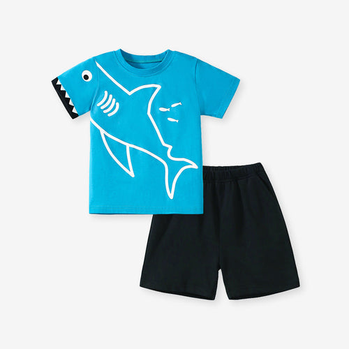 Summer Baby Kids Shark Cartoon Pattern T-shirt and Shorts Clothing Set