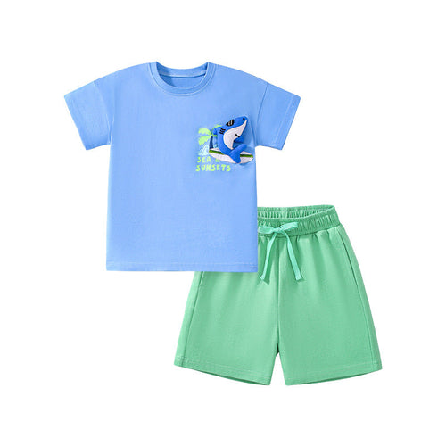 Summer Baby Kids Shark Cartoon Pattern T-shirt and Shorts Clothing Set