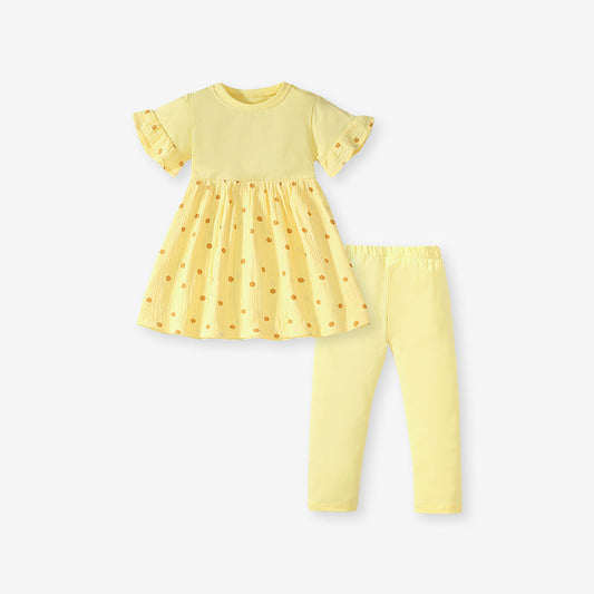 Summer Baby Kids Girls Polka Dots Yellow Dress And Pants Clothing Set