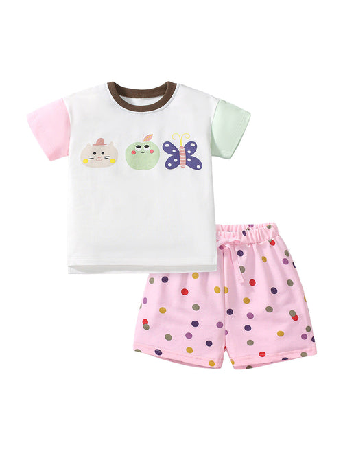 Summer Baby Kids Girls Cartoon Top And Dots Shorts Casual Clothing Set