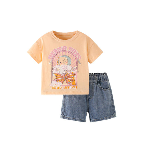 Summer Baby Kids Cartoon Pattern T-shirt and Denim Shorts Clothing Set