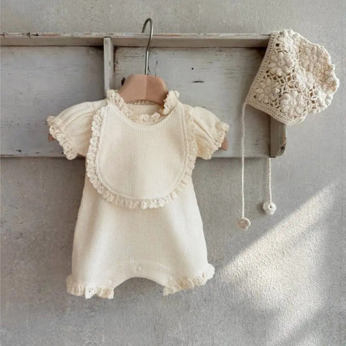 Summer Baby Kids Short Sleeves Plain Rompers, Bib and Hat Clothing Set