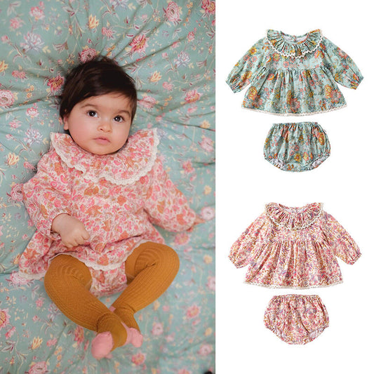 Spring Baby Kids Girls Floral Ruffle Collar Top And Shorts Clothing