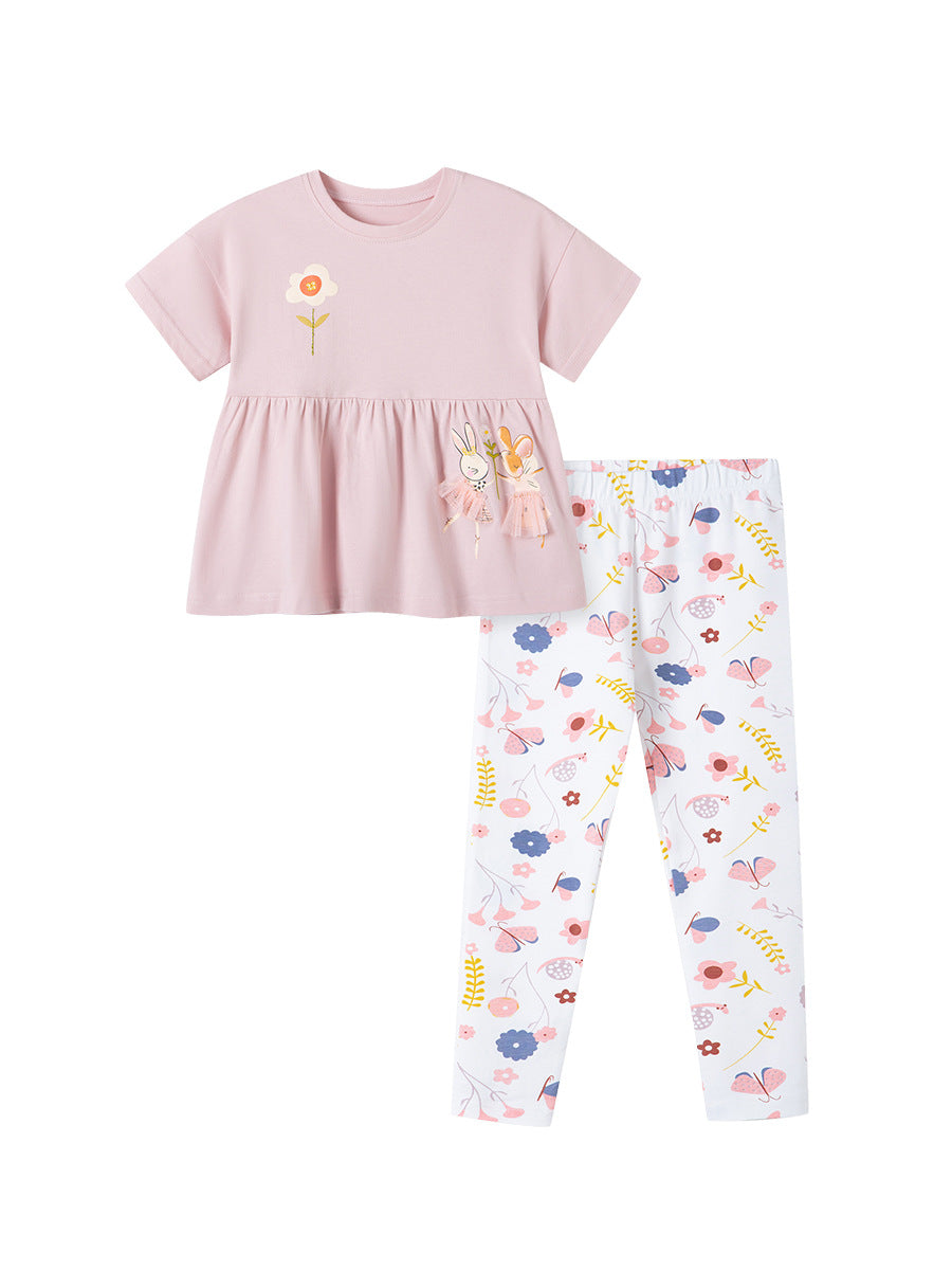 Summer Baby Kids Cartoon and Floral Pattern T-shirt and Pants Clothing