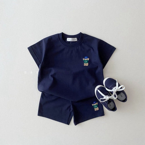 Summer Baby Kids Teddy Bear Pattern T-shirt and Shorts Clothing Set