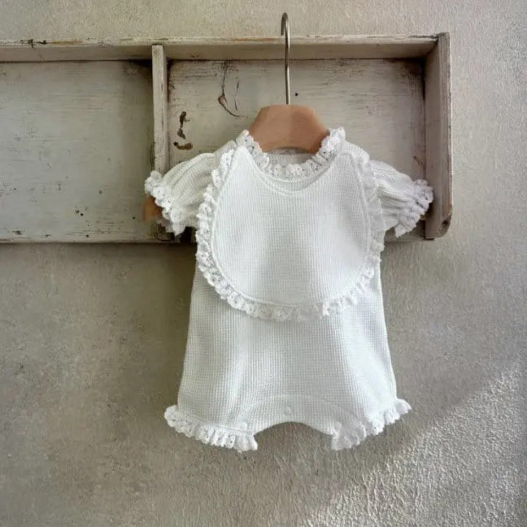 Summer Baby Kids Short Sleeves Plain Rompers, Bib and Hat Clothing Set