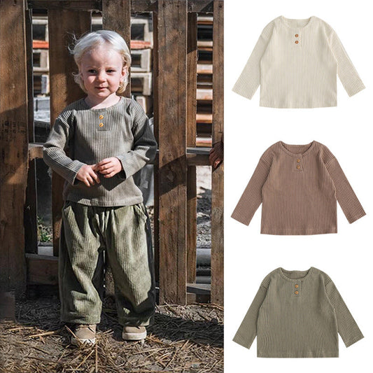 Spring Baby Kids Unisex Solid Color Crew Neck Top And Pants Clothing