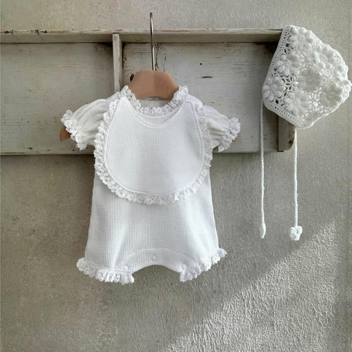 Summer Baby Kids Short Sleeves Plain Rompers, Bib and Hat Clothing Set
