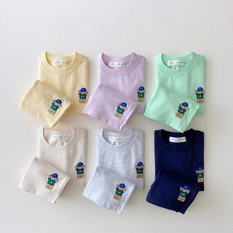 Summer Baby Kids Teddy Bear Pattern T-shirt and Shorts Clothing Set