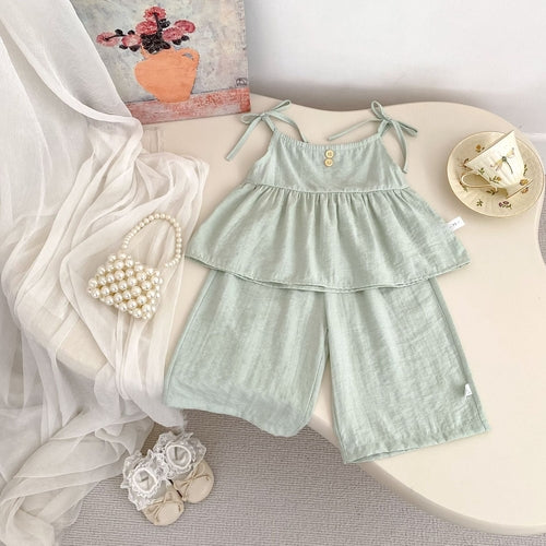 Summer Baby Kids Solid Color Sleeveless Top Vest with Pants Clothing