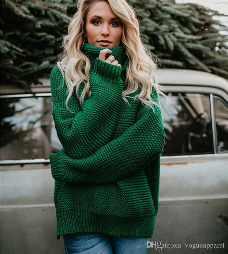 Women Fashion Clothing Turtle Neck Sweaters Green Ginger High
