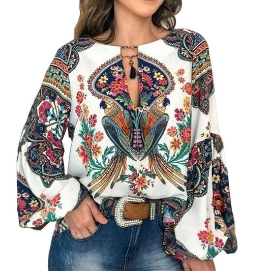 blouse for women work casual Floral V-Neck Long Lantern Sleeve