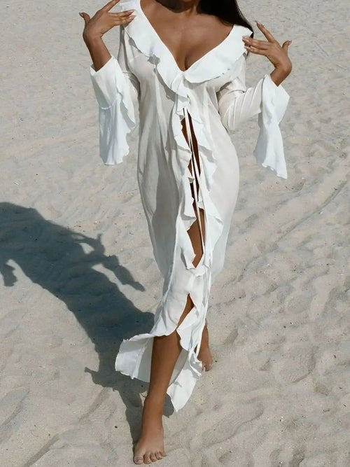 Fashion Ruffled Long Sleeve Cover-Up Dress