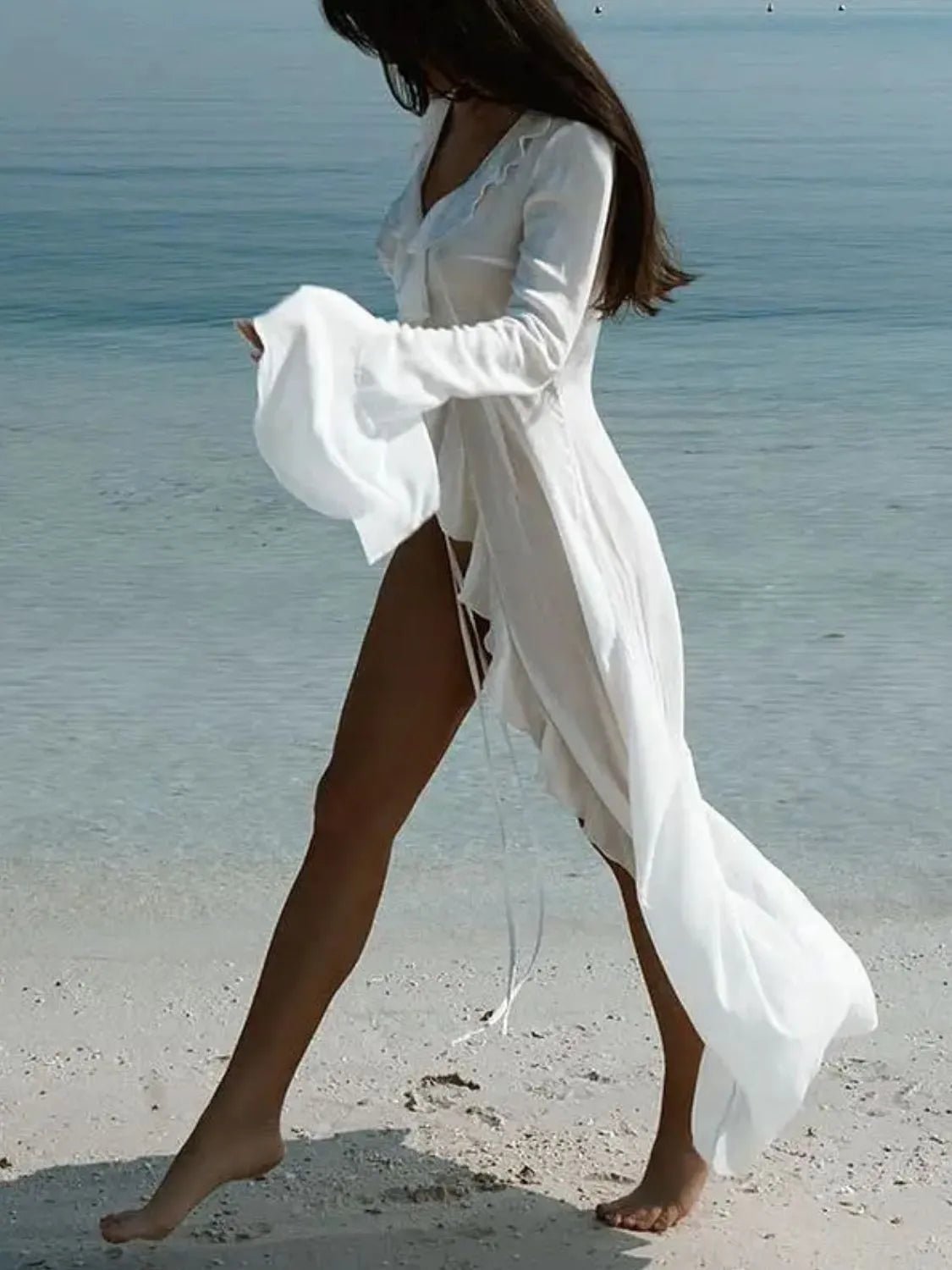 Fashion Ruffled Long Sleeve Cover-Up Dress