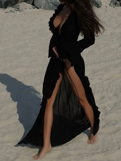 Fashion Ruffled Long Sleeve Cover-Up Dress