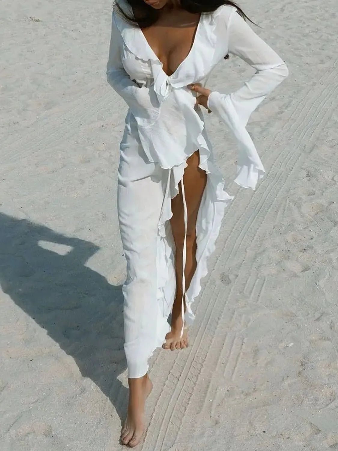 Fashion Ruffled Long Sleeve Cover-Up Dress