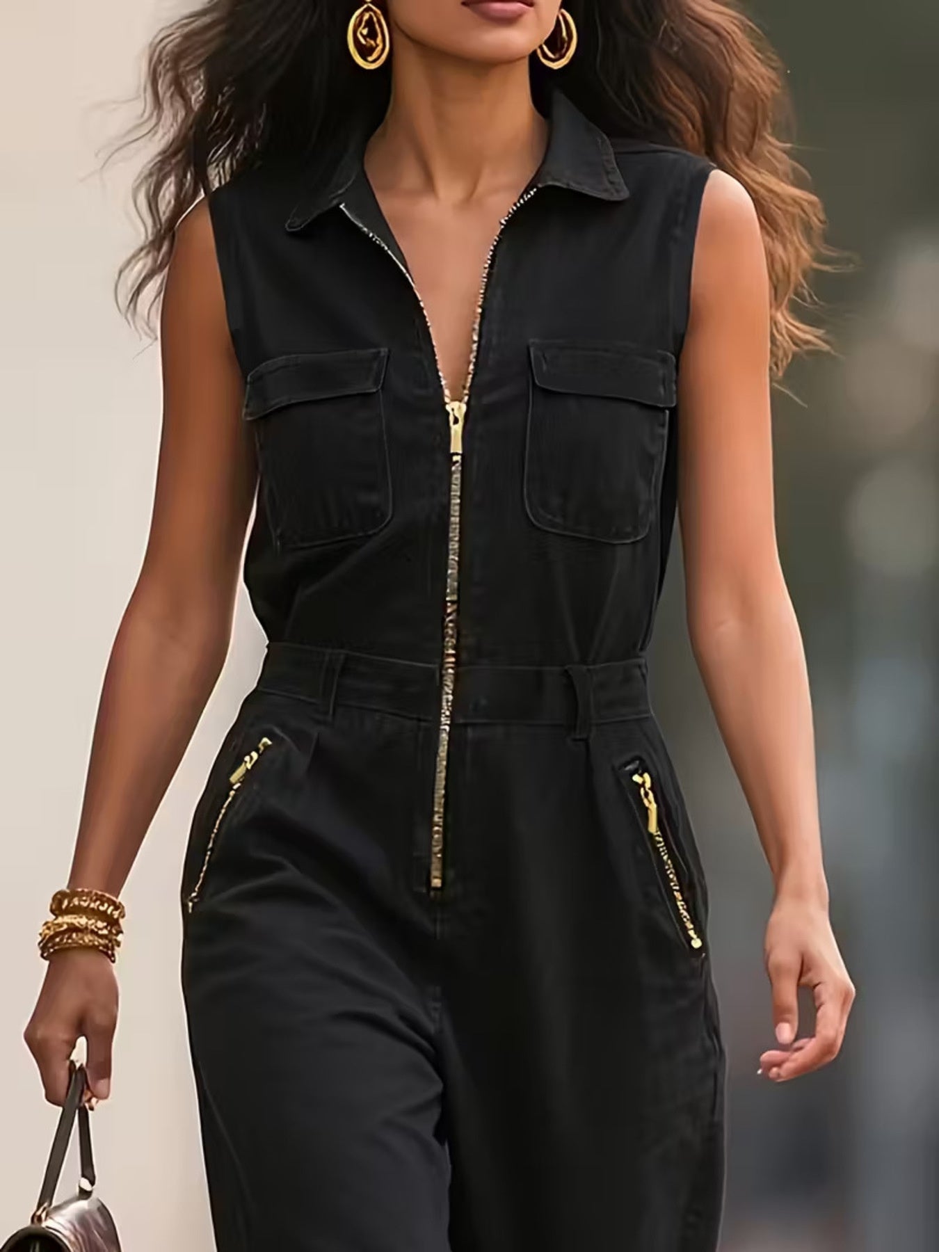 Fashionable Sleeveless Zip-Up Jumpsuit