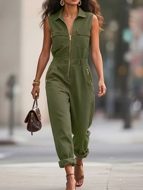 Fashionable Sleeveless Zip-Up Jumpsuit