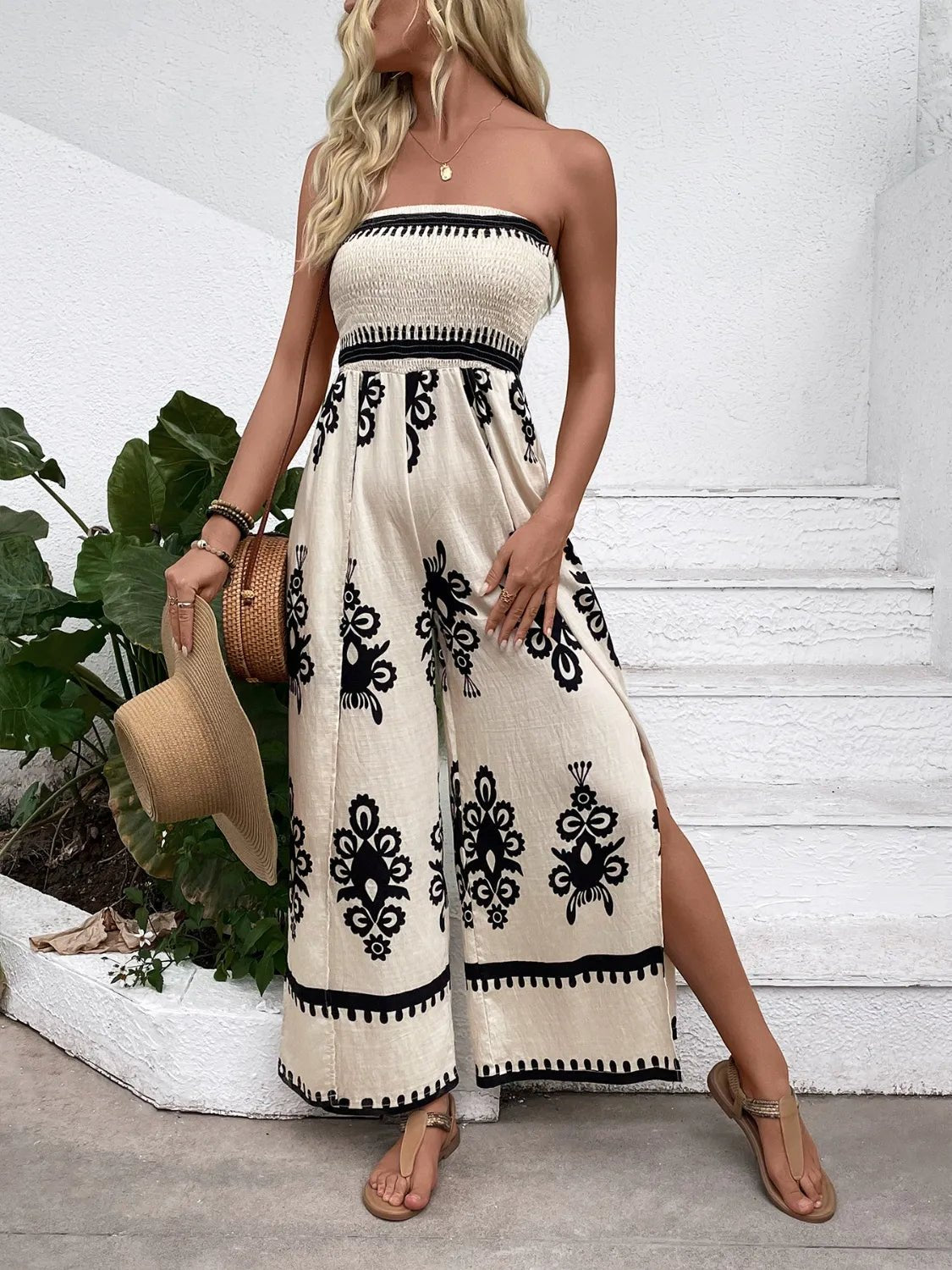 Trendy Smocked Tube Printed Wide Leg Jumpsuit