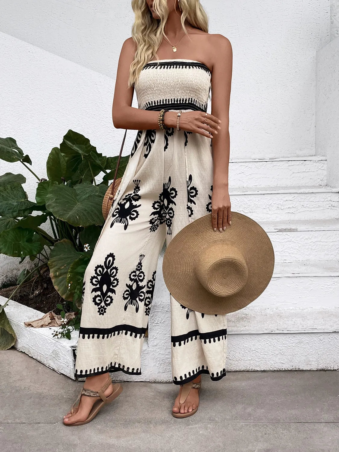 Trendy Smocked Tube Printed Wide Leg Jumpsuit