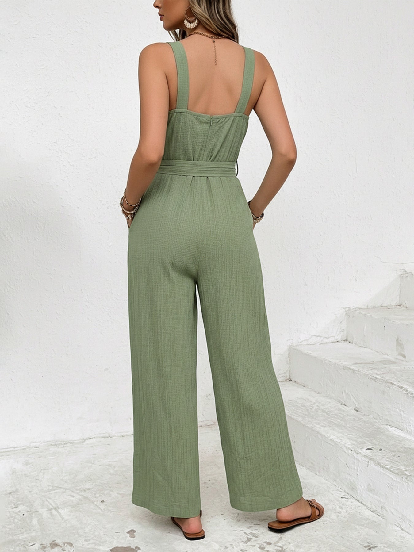 Trendy Tie Waist Wide Leg Jumpsuit