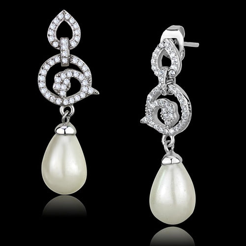 TS480 - Rhodium 925 Sterling Silver Earrings with Synthetic Pearl in