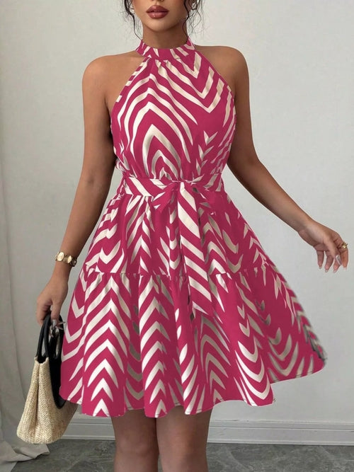 Zebra Print Halter Neck Tie Waist Ruffle Hem Dress